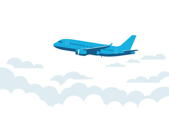 Obraz premium Blue Passenger Airplane in Flight Above Clouds.