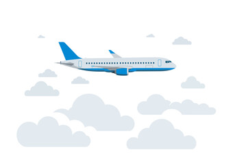 Grey and Blue Passenger Airplane in Flight Above Clouds.