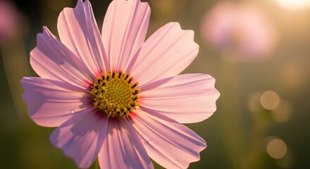 A close up of a pink cosmos flower with a yellow center in soft light with a blurred background