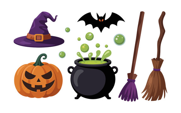 Vector illustration of halloween witch elements including pumpkins cauldron and broomsticks - Powered by Adobe
