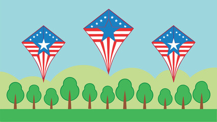 Fototapeta premium Three American Flag Kites Flying Over Green Hills And Trees freedom celebration