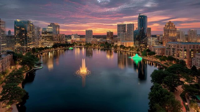 Lake Eola Park Orlando sunset cityscape skyscrapers fountain lights, 4k video footage