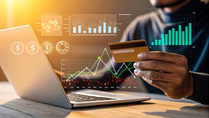 Person using credit card for online payment with financial charts, graphs, and laptop showing digital transaction and investment data

