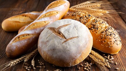 Assortment of freshly baked artisan breads and wheat stalks on wooden table