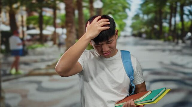Student holding notebooks in city street looks puzzled with hand on head, wearing casual white shirt and blue backpack amid urban backdrop.