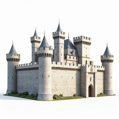 Gray Stone Castle with Multiple Towers on White Background