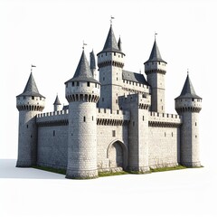 Fototapeta premium Grey Stone Castle with Multiple Towers and Arched Gate Against White Background