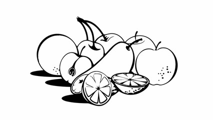 Fresh fruit assortment illustration with apples, pears, oranges, and cherries, healthy eating concept