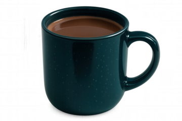 Teal, speckled mug filled with steaming hot chocolate sits on a transparent background, perfect for cozy winter designs