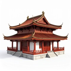 Fototapeta premium Red And White Asian Temple With Golden Accents Against A White Background
