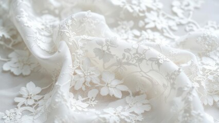 Delicate Lace Fabric: Soft, creamy-toned fabric intricately embroidered with floral patterns, exhibiting a refined artistry.