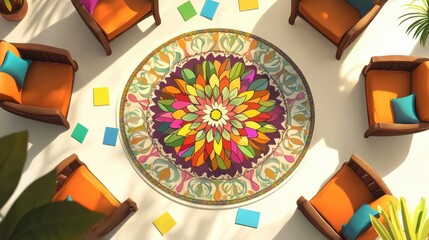 Bright, inviting space with colorful design elements perfect for relaxation and creative inspiration