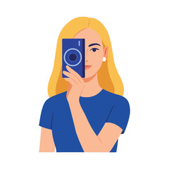 Flat vector illustration of a stylish blonde woman holding a camera. Creative female character in minimal design, wearing a blue shirt. Isolated on white background. 