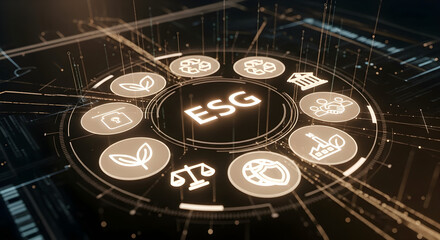 High-Tech ESG Dashboard Visualization with Environmental, Social, and Governance Symbols, perfect for websites, ESG analytics platforms, or digital transformation campaigns