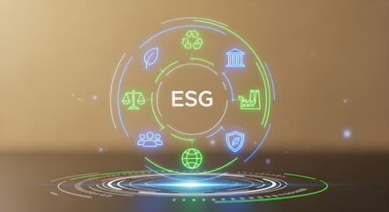 High-Tech ESG Dashboard Visualization with Environmental, Social, and Governance Symbols, perfect for websites, ESG analytics platforms, or digital transformation campaigns