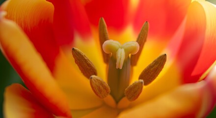 A vibrant close up of a tulip flower showcasing its orange and yellow petals and central reproductive parts