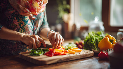 Senior woman chopping fresh vegetables on wooden cutting board in kitchen