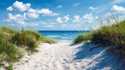 Sandy path through dunes leads to a tranquil blue ocean under a sunny sky