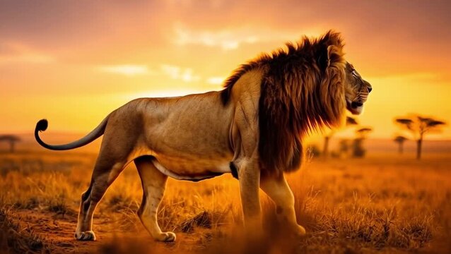 Majestic lion roaring with power against a golden savanna backdrop for World Lion Day