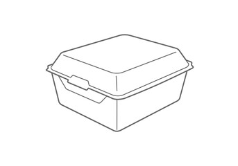 A styrofoam takeout box with a lid is depicted
