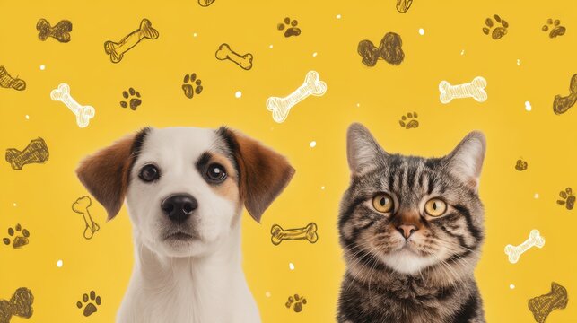 a cute dog and cat with fish bones floating above their heads on yellow background
