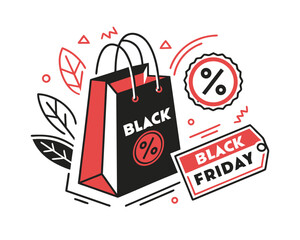 Black Friday Sale Illustration with Shopping Bag and Discount Sign Promotional Vector Graphic