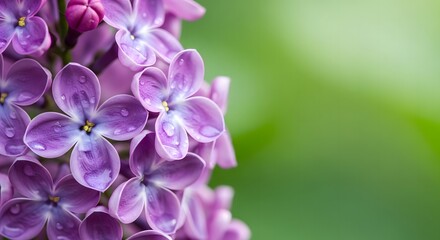A close up of purple lilac flowers with water droplets against a blurred green background in soft light