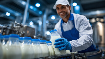 In a spotless milk production facility, a factory worker in crisp uniform and blue gloves gently arranges pristine glass bottles of fresh milk on a conveyor belt, stainless steel m