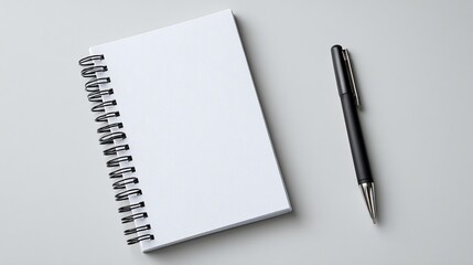Simple workspace featuring blank notebook and pen on a neutral surface