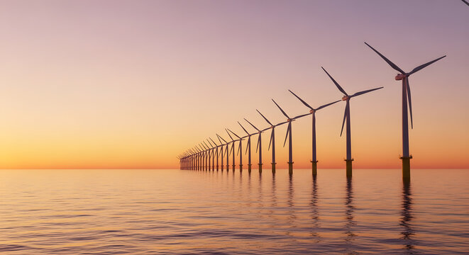 Group of Wind Turbines in a Row - Powered by Adobe