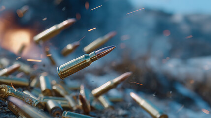 Dozens of brass bullet cartridges tumbling through the air in slow motion, copper tips catching flashes of light, blurred muzzle and smoke in the background, cinematic warzone atmo