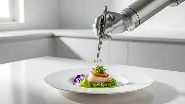 A high-tech robotic hand in a modern kitchen delicately garnishes gourmet scallops, demonstrating culinary robotics' precision, elegance, and the future of fine dining preparation.