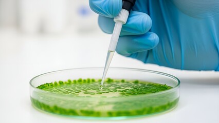 A lab researcher examines green algae cultures with a pipette, advancing biotechnology experiments aimed at creating sustainable bio-based innovations for the future.