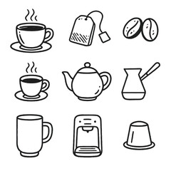 Set of linear coffee and tea icons featuring cups, kettle, and coffee maker