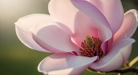 Obraz premium A close up shot of a pink magnolia flower with a blurred green background in soft lighting outside