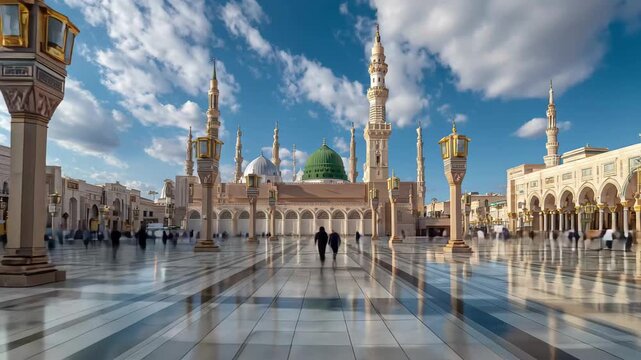 Majestic Al-Masjid an-Nabawi Mosque courtyard reflection beauty, 4k video footage