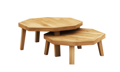 Two wooden octagonal coffee tables stacked together. isolated on white background and transparent background