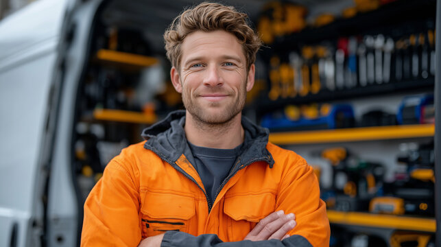 A man in an orange jacket stands with arms crossed before a meticulously organized tool van, shelves packed with hardware, reflecting his professional pride,
