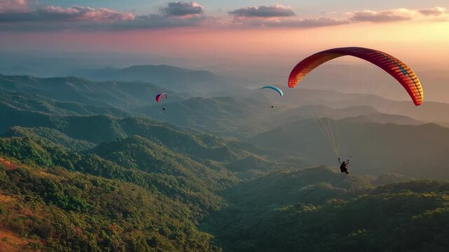 Paragliding over majestic sunset mountains breathtaking view adventure sports aerial, 4k video footage