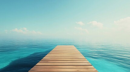 peaceful wooden dock extending into the serene clear ocean under a bright blue sky