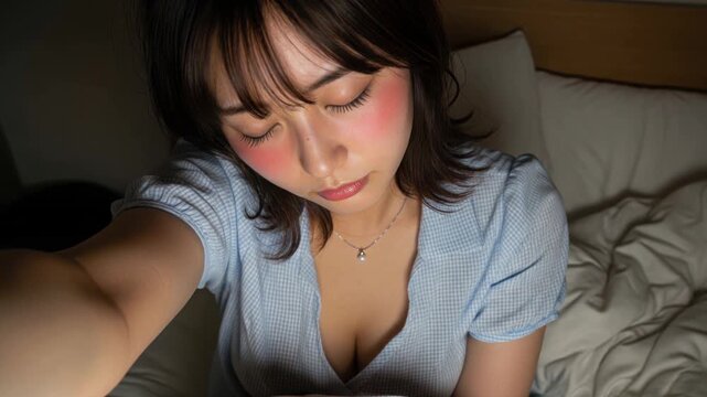 ビデオ通話中に眠くなった、とろんとした表情の女性