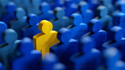 Obraz premium Stylized 3D render of one yellow figure on a blue grid, surrounded by hundreds of uniformly spaced blue figures, sharp lighting enhancing the color contrast,