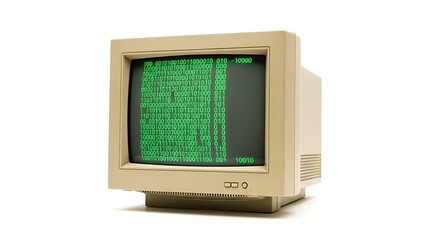 A vintage CRT monitor displays green binary code across its screen, evoking the aesthetics of early computing and symbolizing digital data, coding, and retro tech nostalgia.