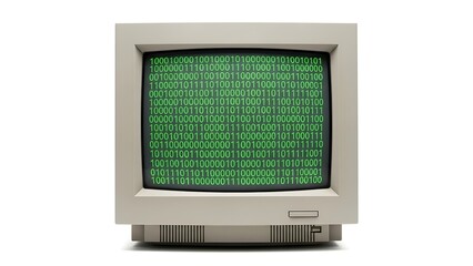 A vintage CRT monitor displays green binary code across its screen, evoking the aesthetics of early computing and symbolizing digital data, coding, and retro tech nostalgia.