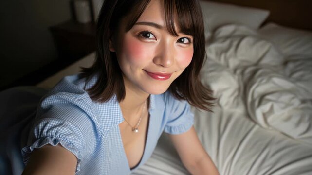 ベッドの上でこちらに微笑みかけるほろ酔いの彼女