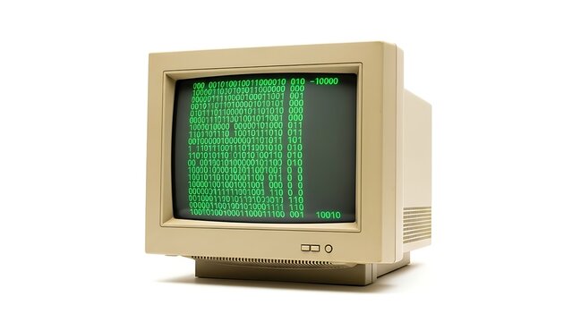 A vintage CRT monitor displays green binary code across its screen, evoking the aesthetics of early computing and symbolizing digital data, coding, and retro tech nostalgia.