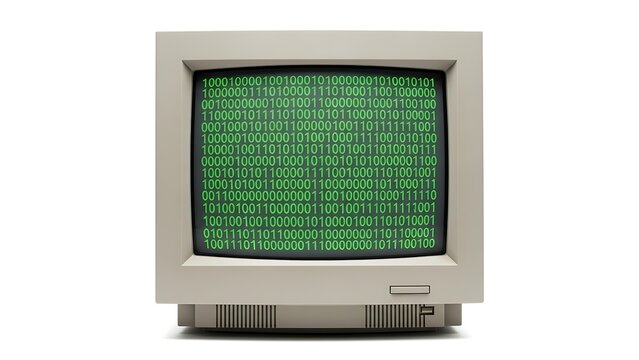 A vintage CRT monitor displays green binary code across its screen, evoking the aesthetics of early computing and symbolizing digital data, coding, and retro tech nostalgia.
