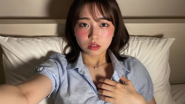 ベッドで横になりながら拗ねた表情を見せるほろ酔い女性