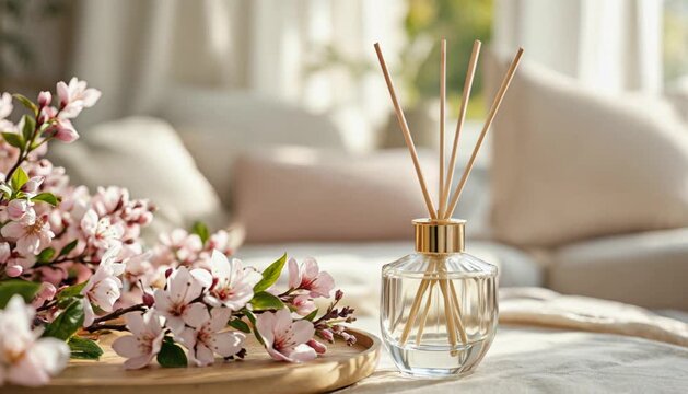  Close-up of a minimalist reed diffuser with decorative flowers in a bright, airy living room.