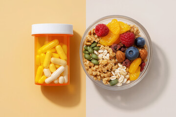 Comparison of yellow capsules in pill bottle and colorful healthy breakfast bowl with fruits nuts seeds symbolizing supplements versus natural nutrition